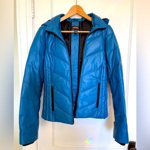 Excellent condition, blue down filled Danier leather jacket with removable hood